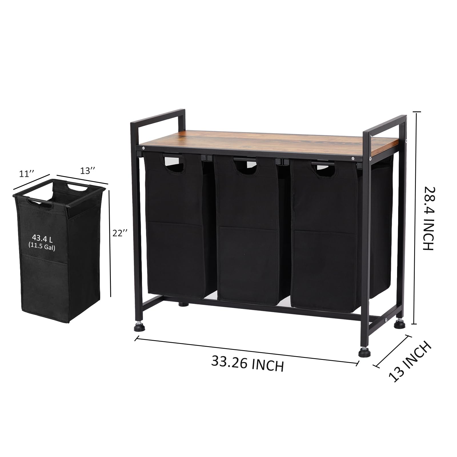 Garvee Cesto portabiancheria con 3 tasche rimovibili, contenitore per bagno e camera da letto, 130 l, tessuto Oxford e metallo in legno