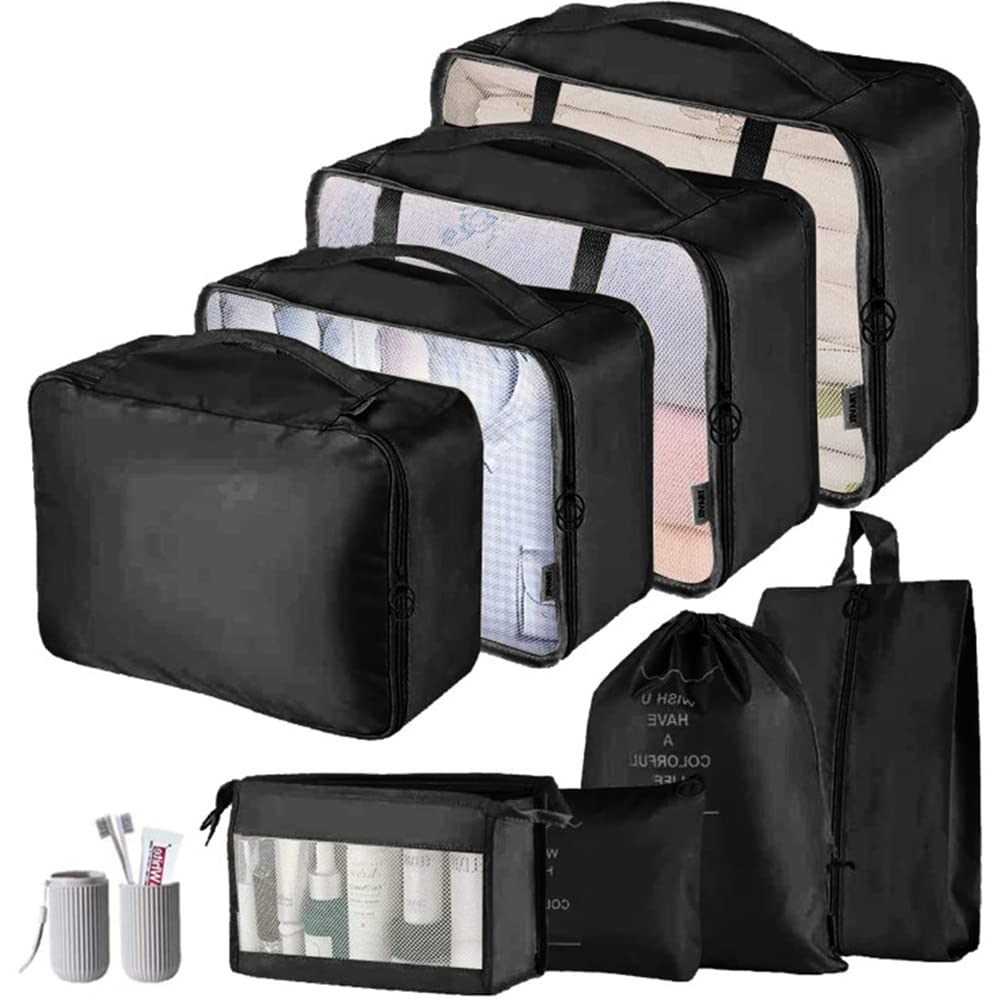 Garvee - Set di 9 cubi da viaggio con parte superiore in rete, in nylon impermeabile per zaini e valigie, leggeri, pieghevoli, grigio