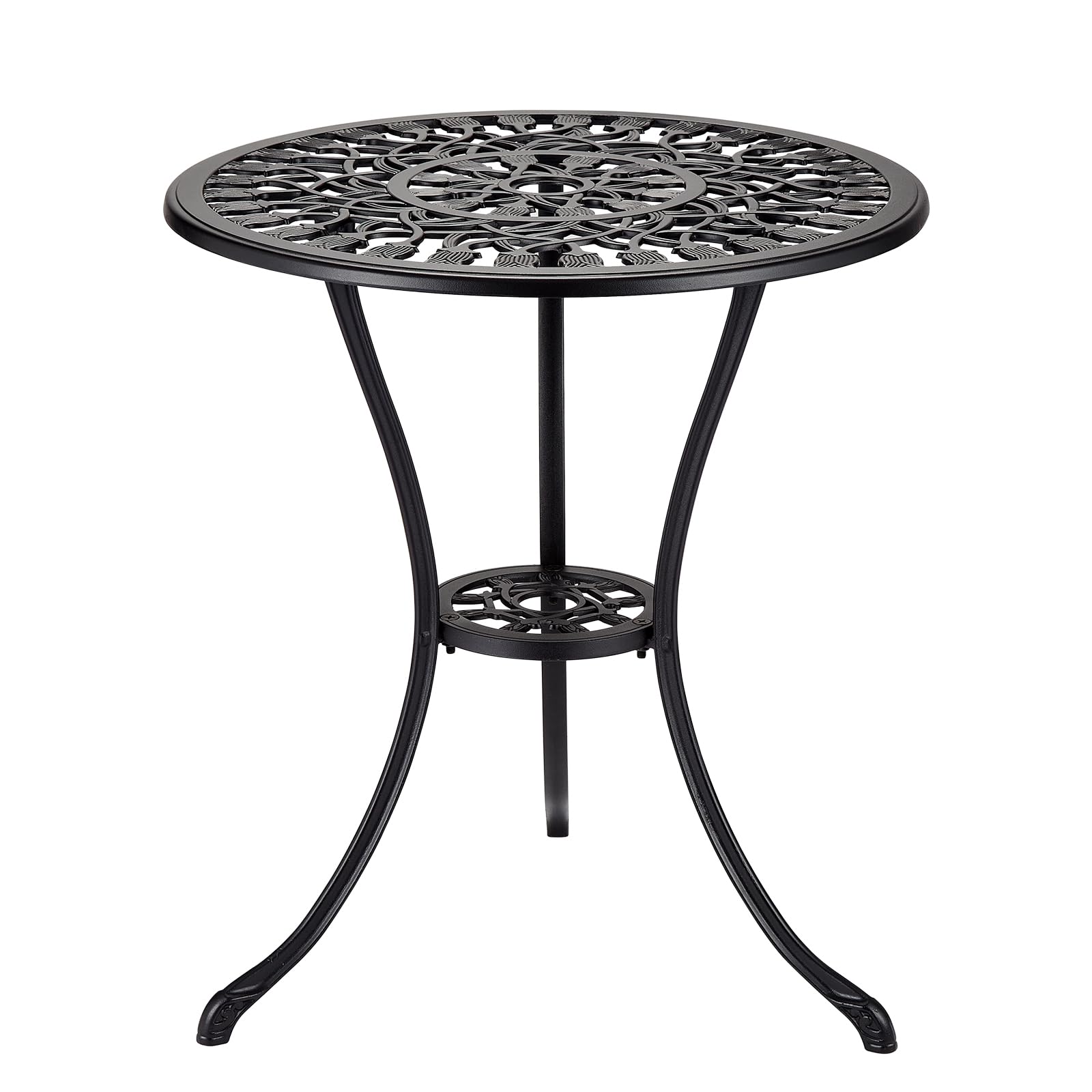 Tavolo da bistrot da esterno Garvee da 24" in ghisa rotonda con foro per ombrellone da 2" per balcone e giardino, nero