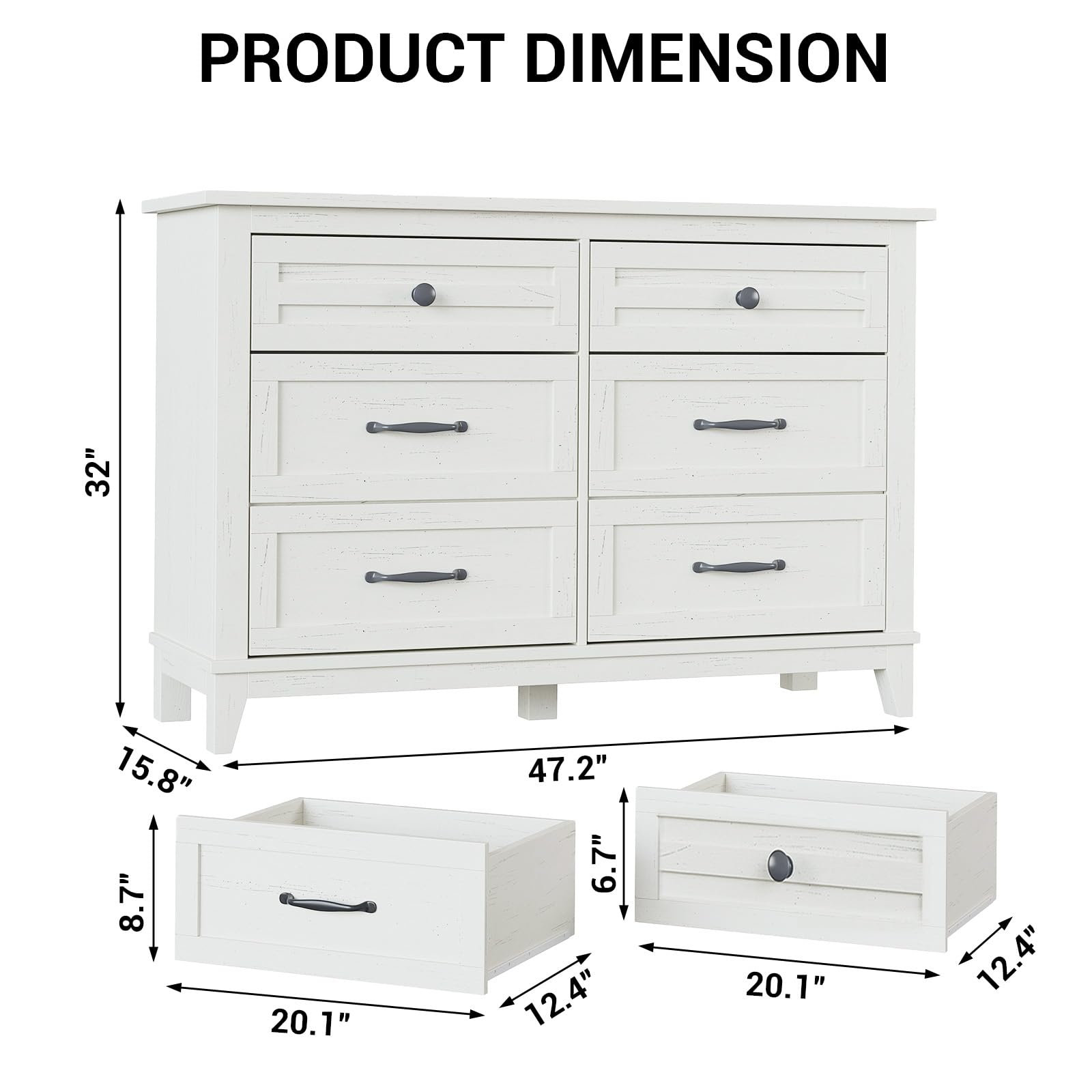 Cassettiera Garvee Farmhouse a 6 cassetti, in legno bianco, robusta, con ampio spazio di archiviazione per camera da letto, soggiorno, corridoio, 47,2x15,8x32 pollici