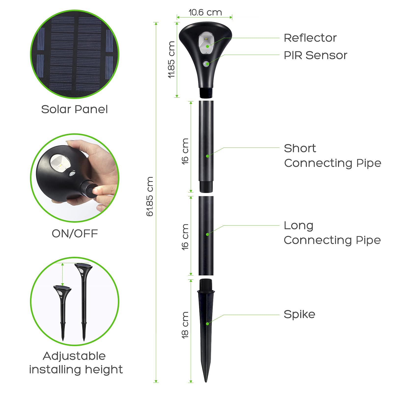 Garvee Luci Solari Da Giardino 4 Pezzi Con Sensore Movimento, ABS Resistente, IP65 Impermeabile, Altezza Regolabile, Per Esterni E Percorsi, Nero