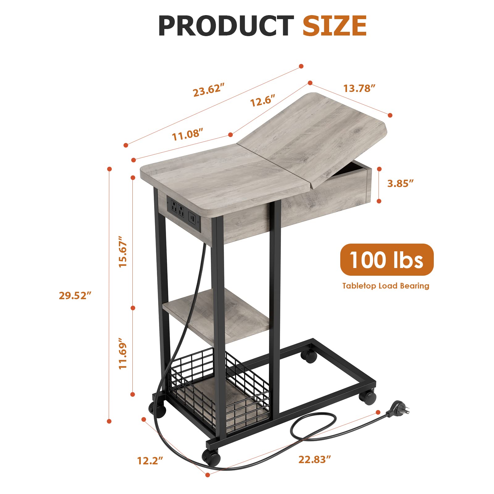 Tavolino laterale Garvee a forma di C con stazione di ricarica, porte e prese USB, 3 ripiani, melamina, grigio per soggiorno e camera da letto