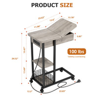 Tavolino laterale Garvee a forma di C con stazione di ricarica, porte e prese USB, 3 ripiani, melamina, grigio per soggiorno e camera da letto