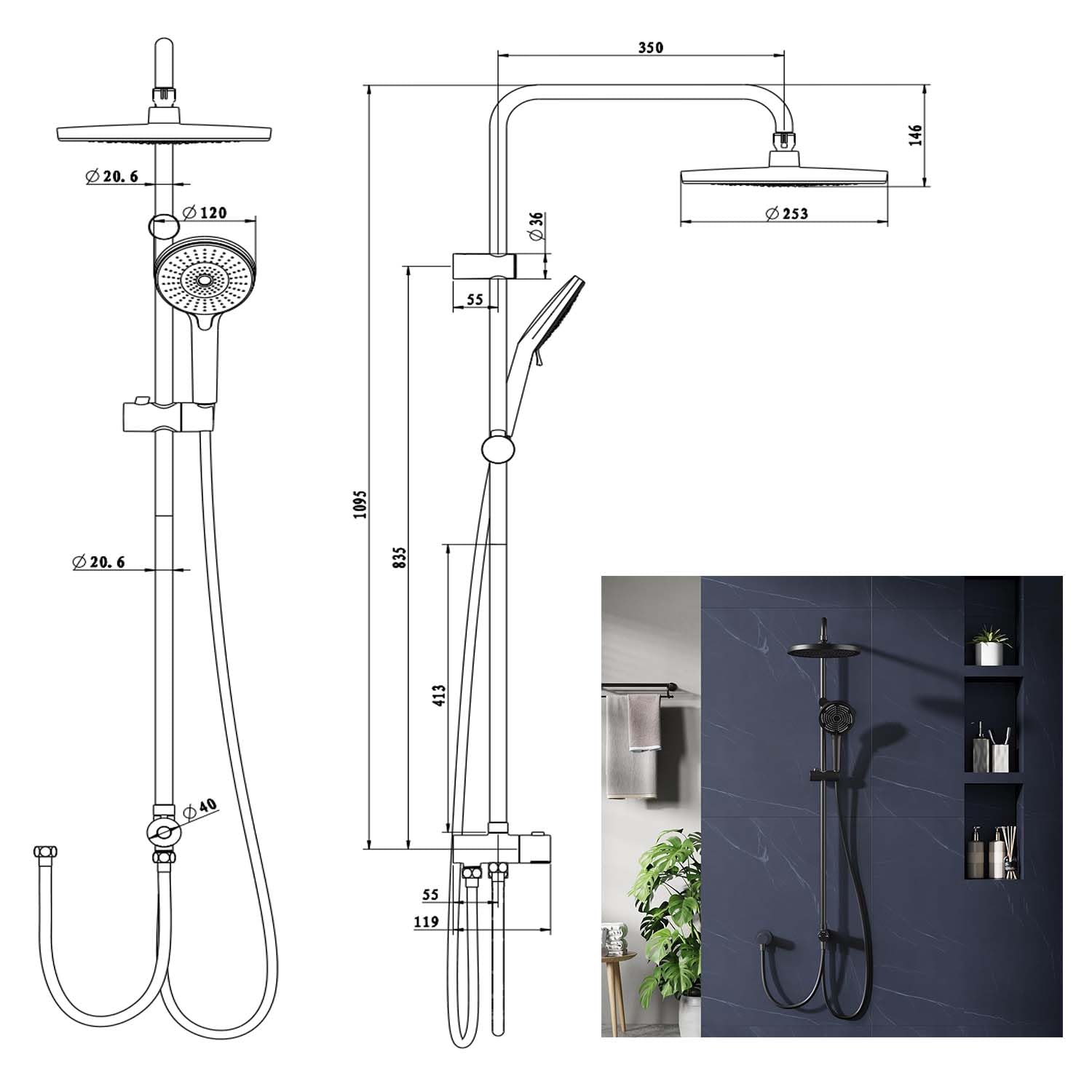 GARVEE Doccia a pioggia senza raccordi – Colonna doccia in acciaio inox nera rotonda 25 cm