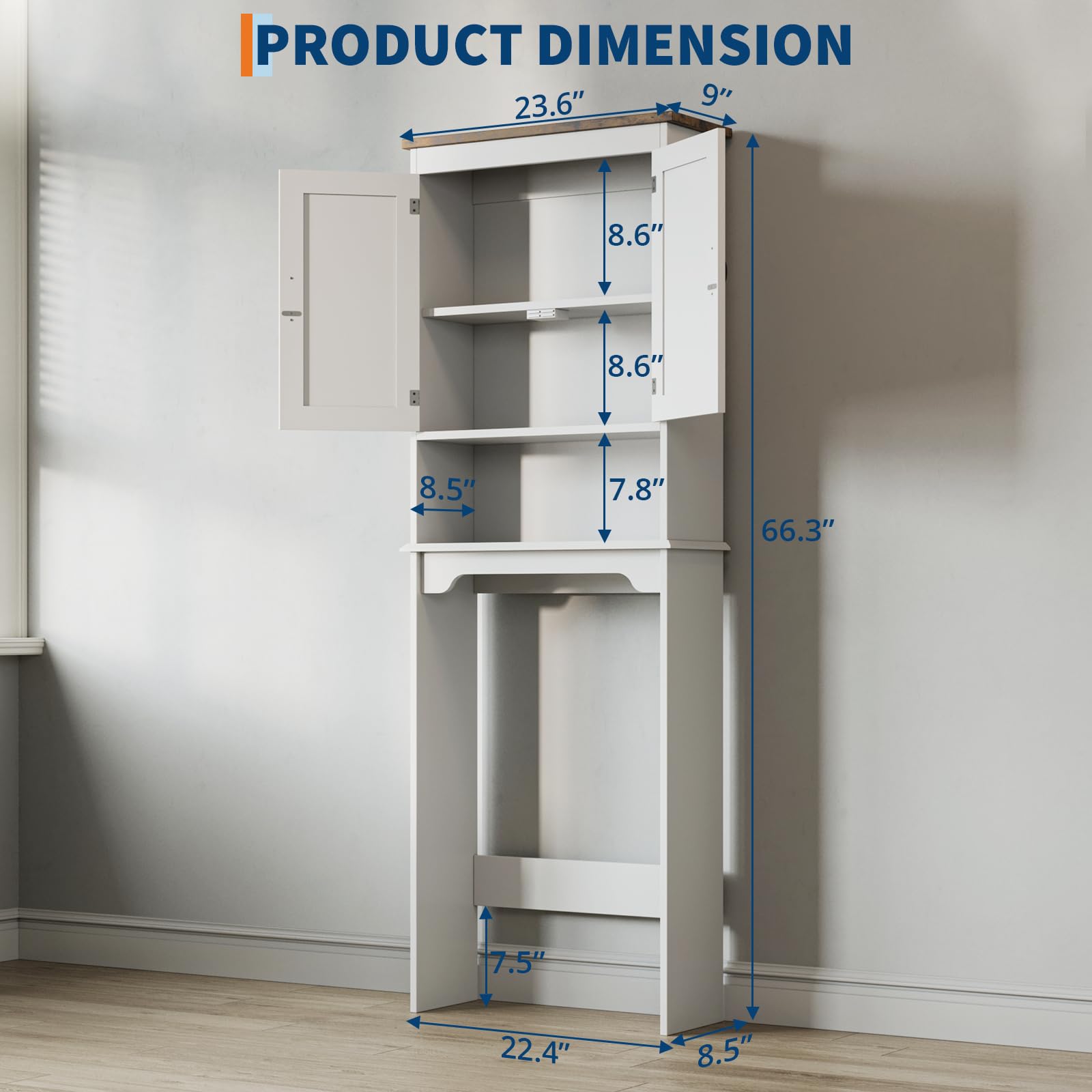 Mensola da bagno Garvee sopra il WC, 66 pollici di altezza, doppie ante, ripiani regolabili, legno, bianco, salvaspazio