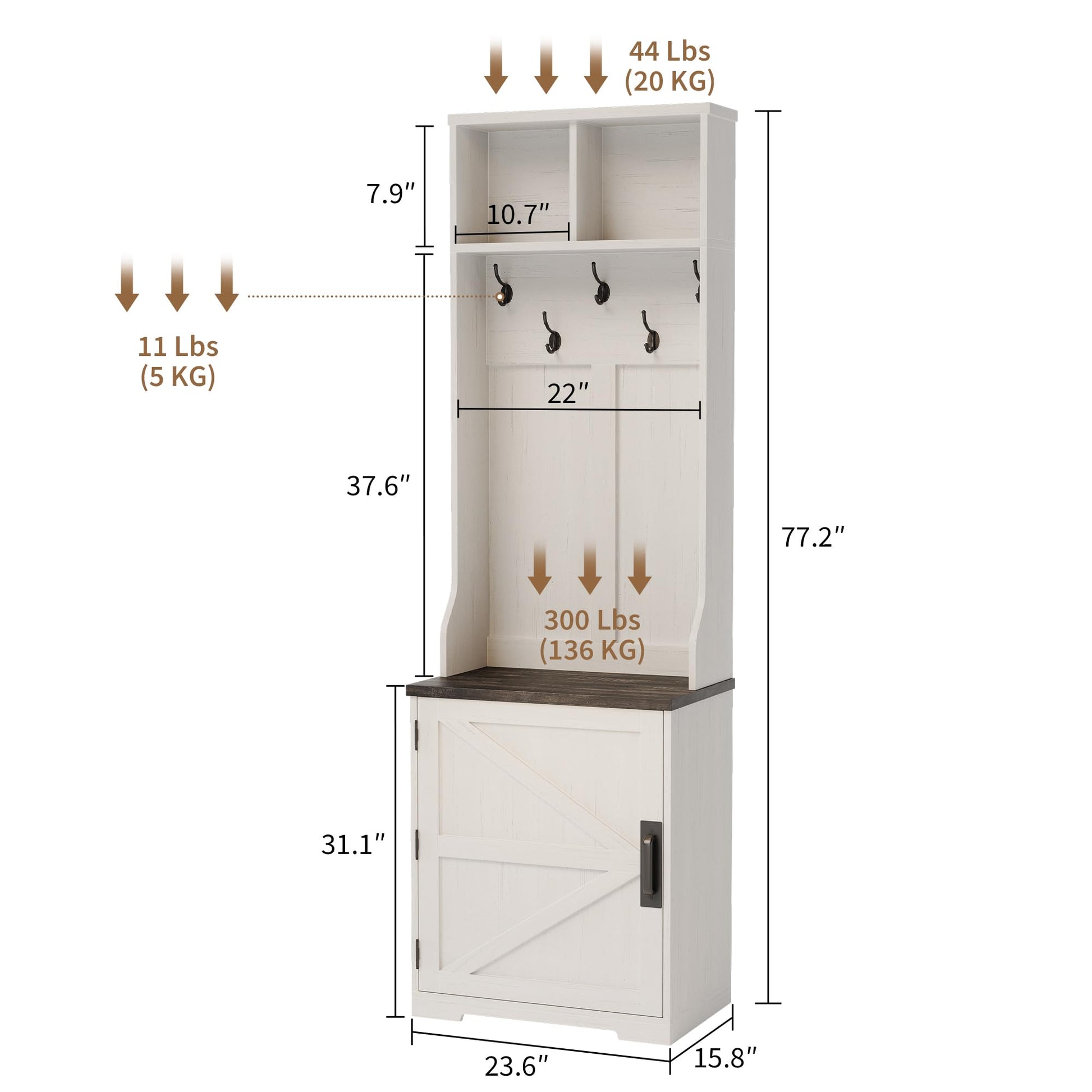 Appendiabiti Garvee Farmhouse 3 in 1 con 6 ganci e panca portascarpe per corridoio e ingresso, MDF, design rustico, spazio di archiviazione, posti a sedere