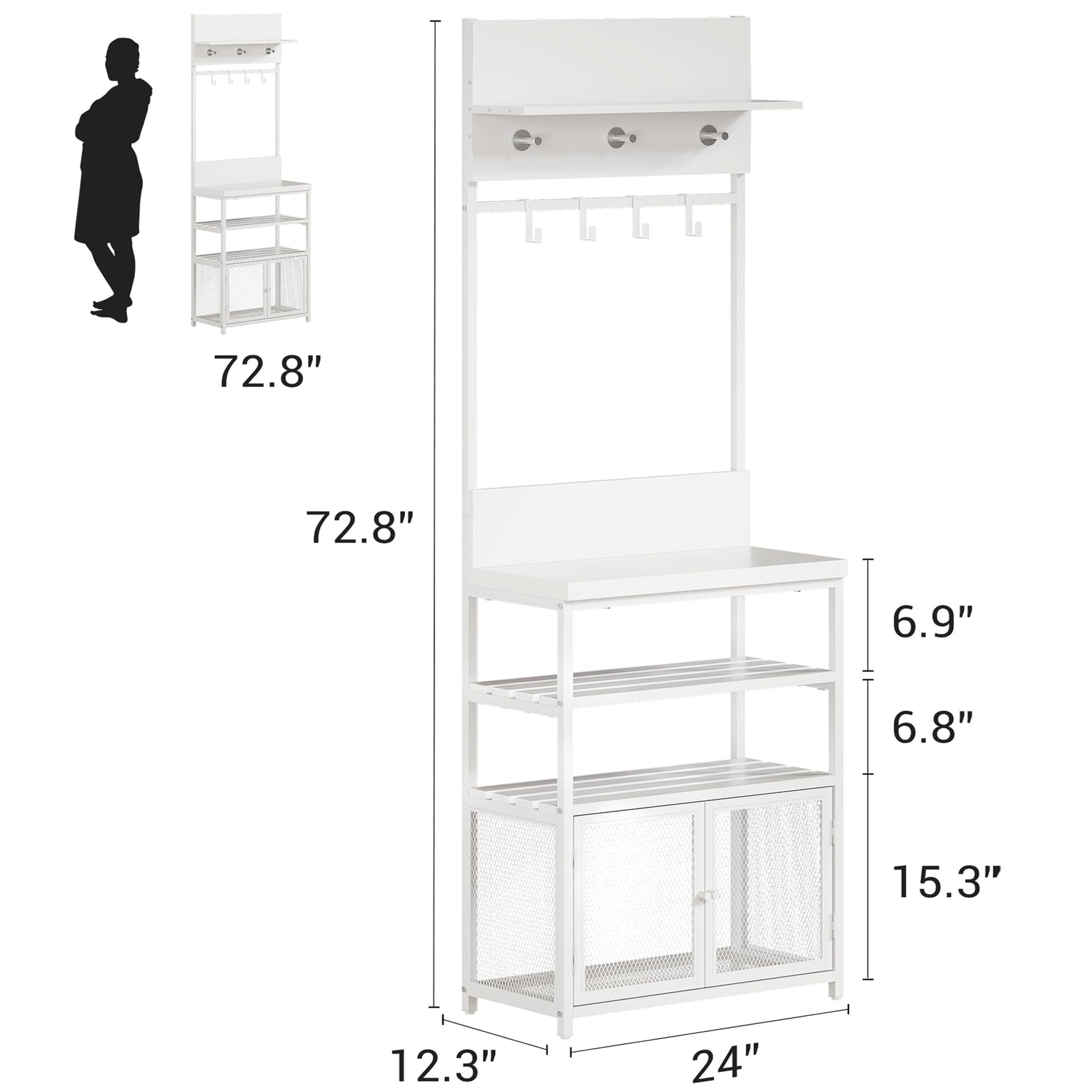 Armadio a muro Garvee Hall Tree con ante, bianco, 72,8 pollici - 7 ganci e scarpiera per corridoio, camera da letto, ingresso - MDF e metallo - Piedini antiribaltamento e regolabili