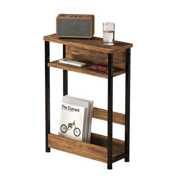Tavolino laterale stretto Garvee, 3 ripiani con portariviste, in legno MDF, robusto e salvaspazio, marrone, per soggiorno e camera da letto, 18,11x7,87x25,2 pollici