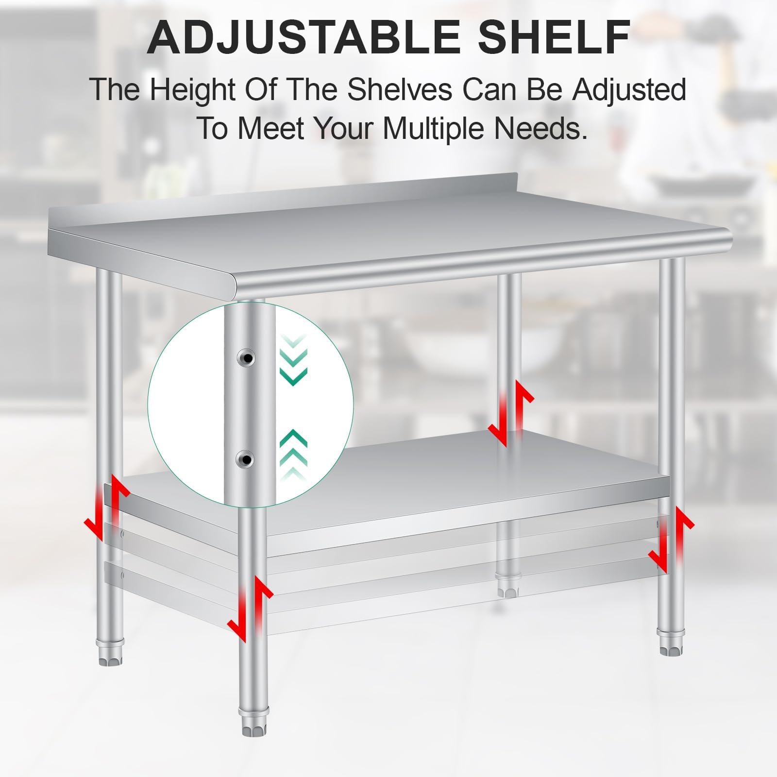 Tavolo da lavoro in acciaio inox Garvee 48x24" con pannello posteriore, base regolabile per ristoranti e casa, spessore 0,8 mm, robusto, antiscivolo