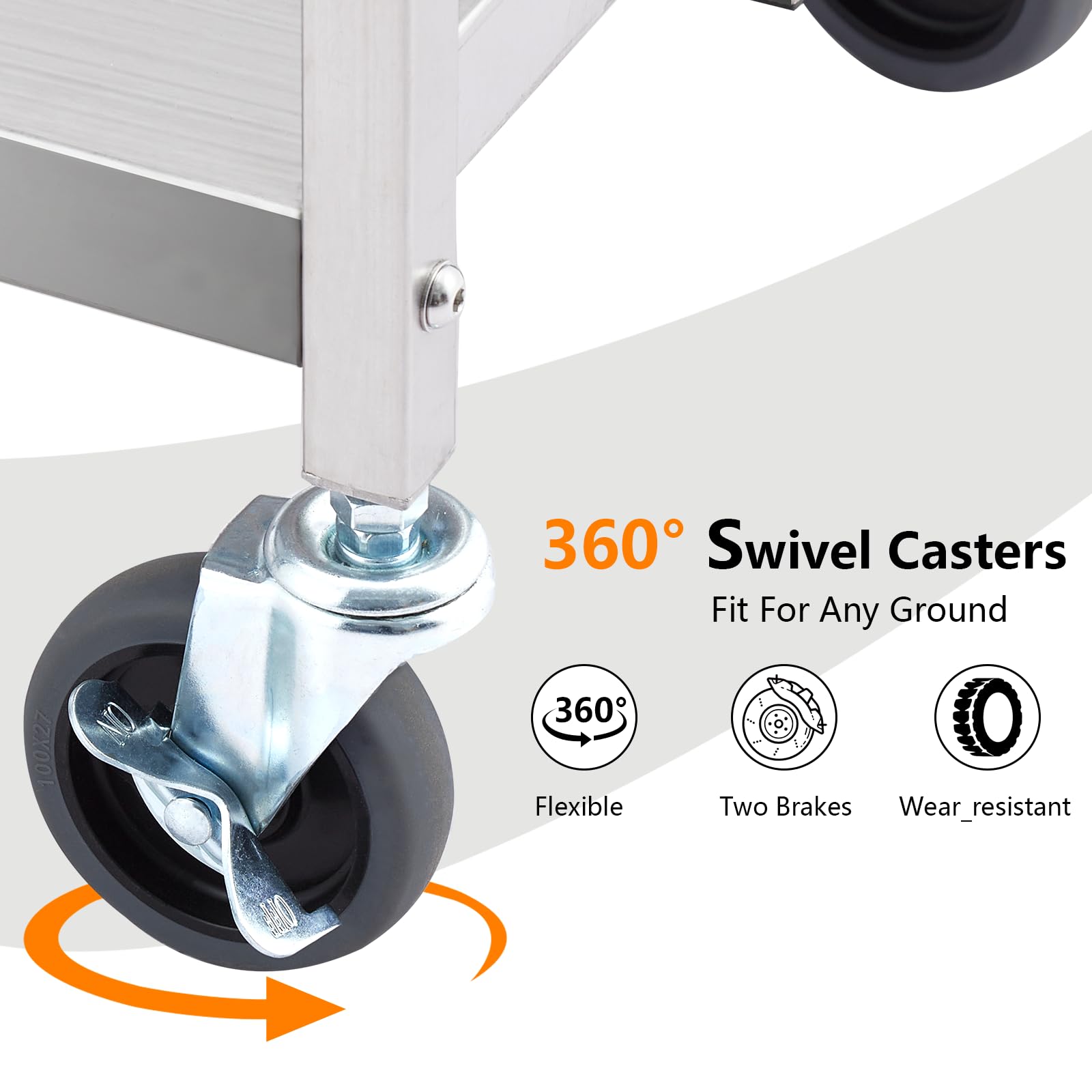 Carrello di servizio pieghevole in acciaio inox – Portatile, 3 ripiani, con freno, capacità di carico 440 libbre, argento