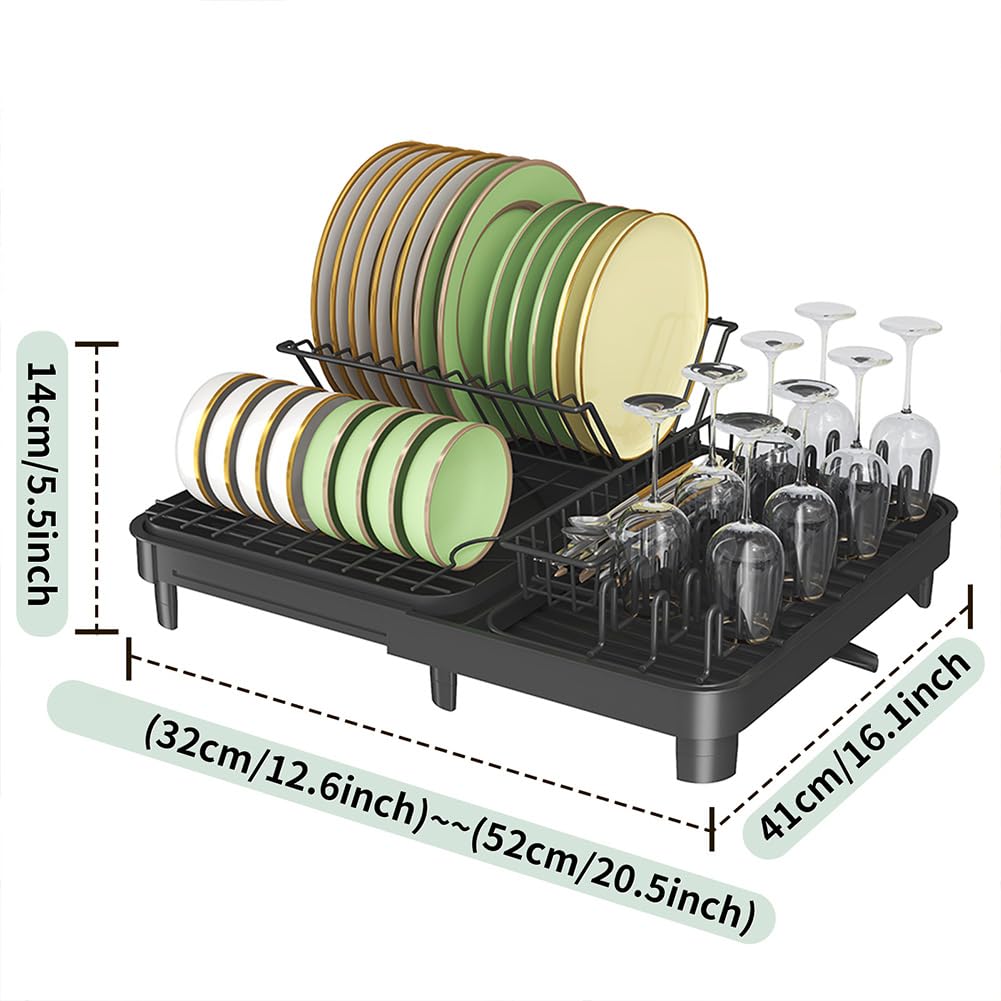 Scolapiatti Garvee in acciaio inox al carbonio con vassoio raccogligocce e portaposate per cucine piccole, nero, espandibile da 12,6 a 20,5 pollici