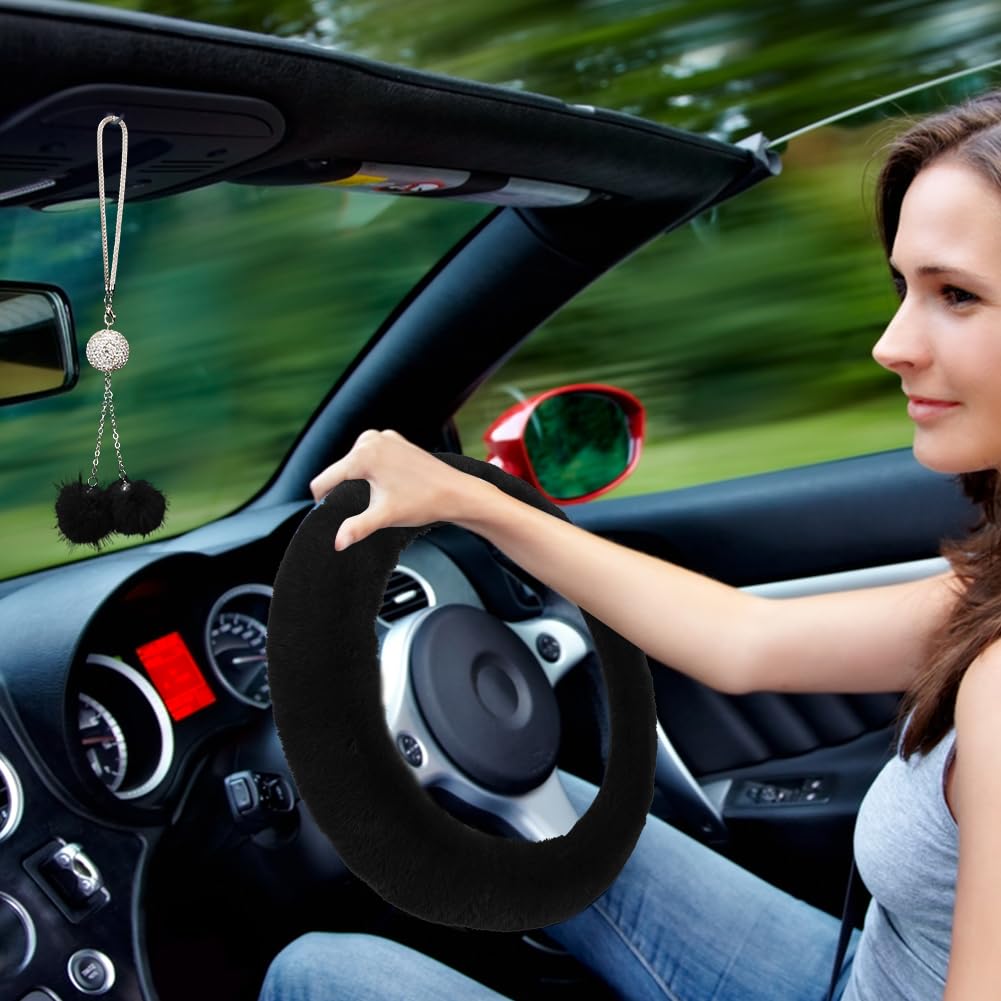 Garvee Set coprivolante soffice da 6 pezzi con coprifreno a mano e portachiavi per auto, nero invernale