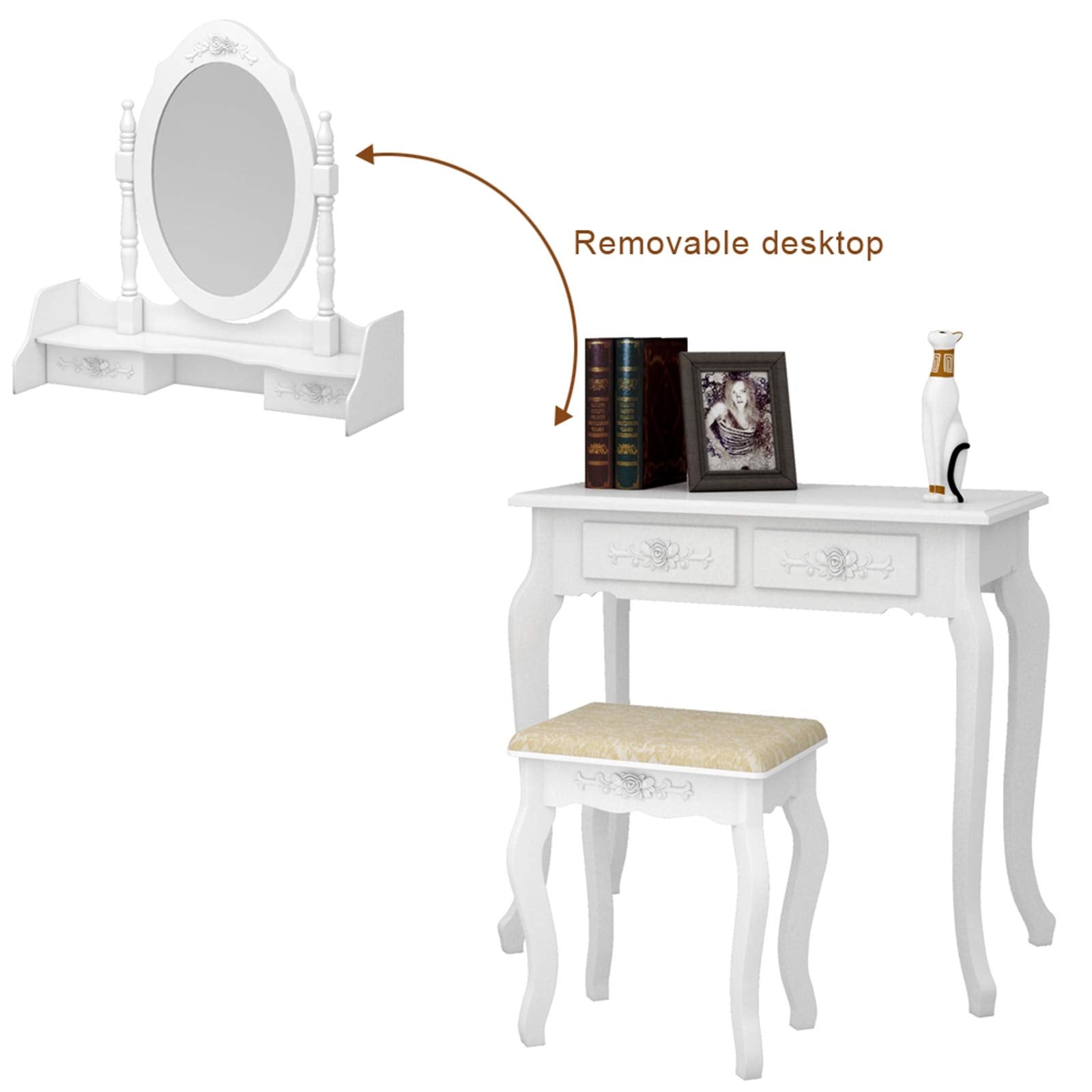 Tavolo da toeletta Garvee con sgabello, specchio girevole a 360°, 4 cassetti, 142,5 cm, bianco, tavolo da trucco per camera da letto