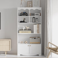 Libreria moderna in legno Garvee a 5 ripiani con ante per ufficio e soggiorno, ampio spazio di archiviazione, robusta, MDF, versatile, marrone