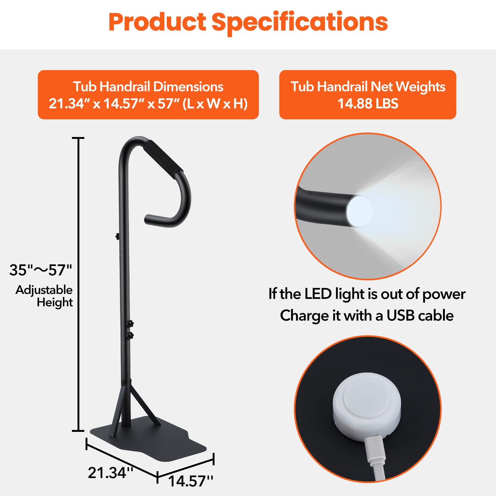 Corrimano per vasca idromassaggio Garvee con luce LED, girevole a 360°, altezza regolabile 35-57", acciaio al carbonio, impugnatura antiscivolo, portasciugamani, per interni ed esterni