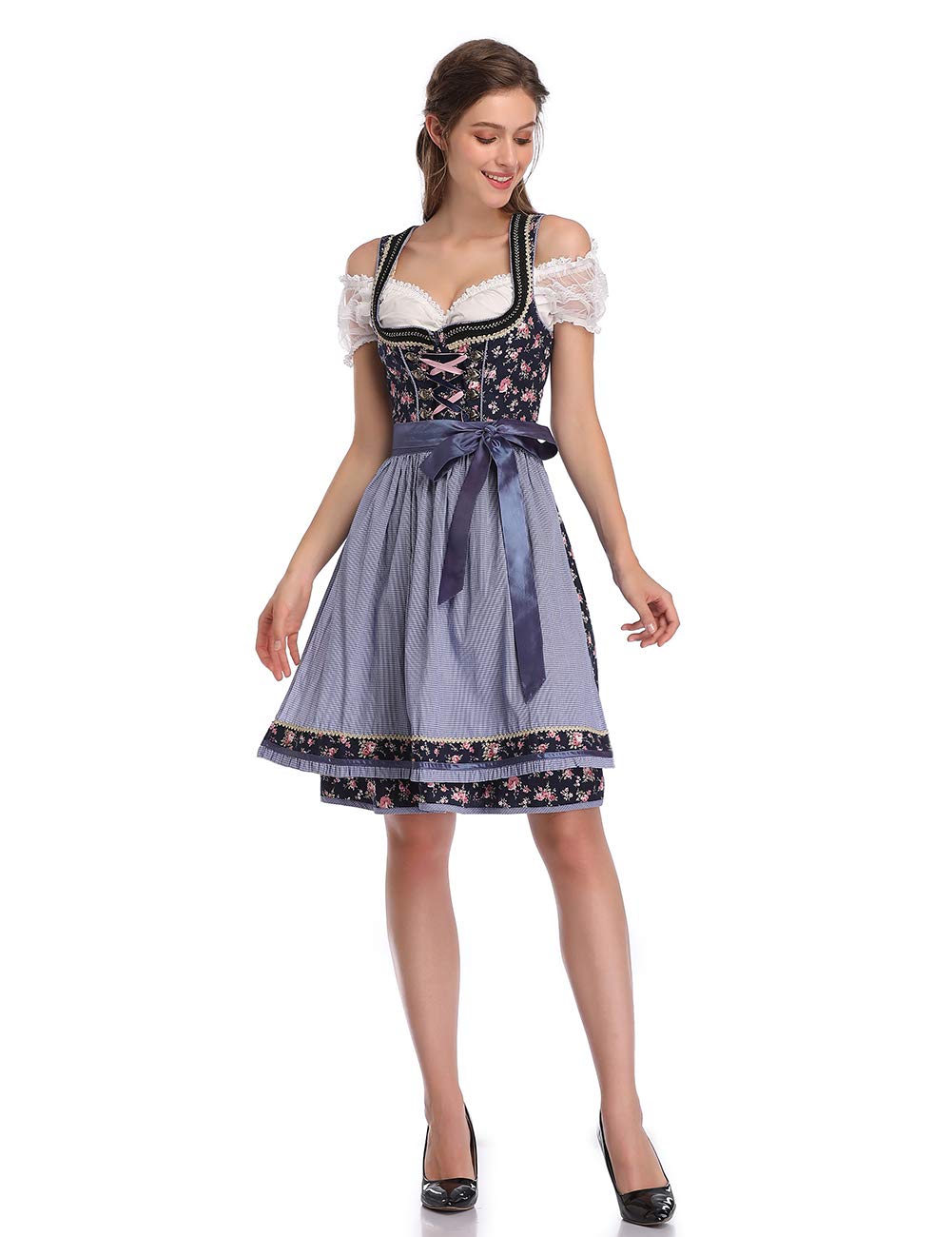 Abito tradizionale Dirndl da donna Garvee, abito midi in 3 pezzi, camicetta e grembiule, motivo floreale blu navy, Oktoberfest