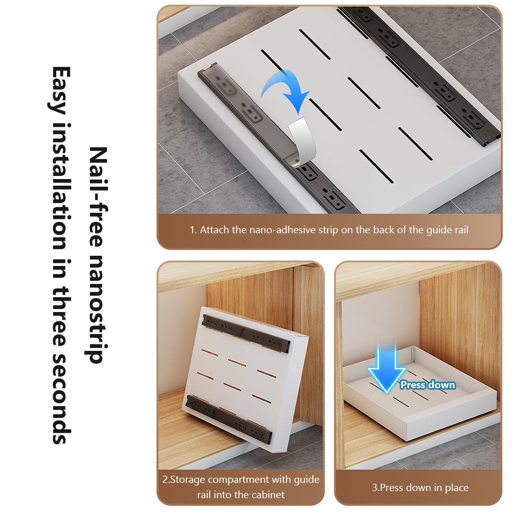 Ripiano estraibile per cassetto Garvee, in metallo con meccanismo di chiusura ammortizzata e silenzioso per cucina e ufficio, capacità di carico 20 kg, acciaio al carbonio, pellicola adesiva