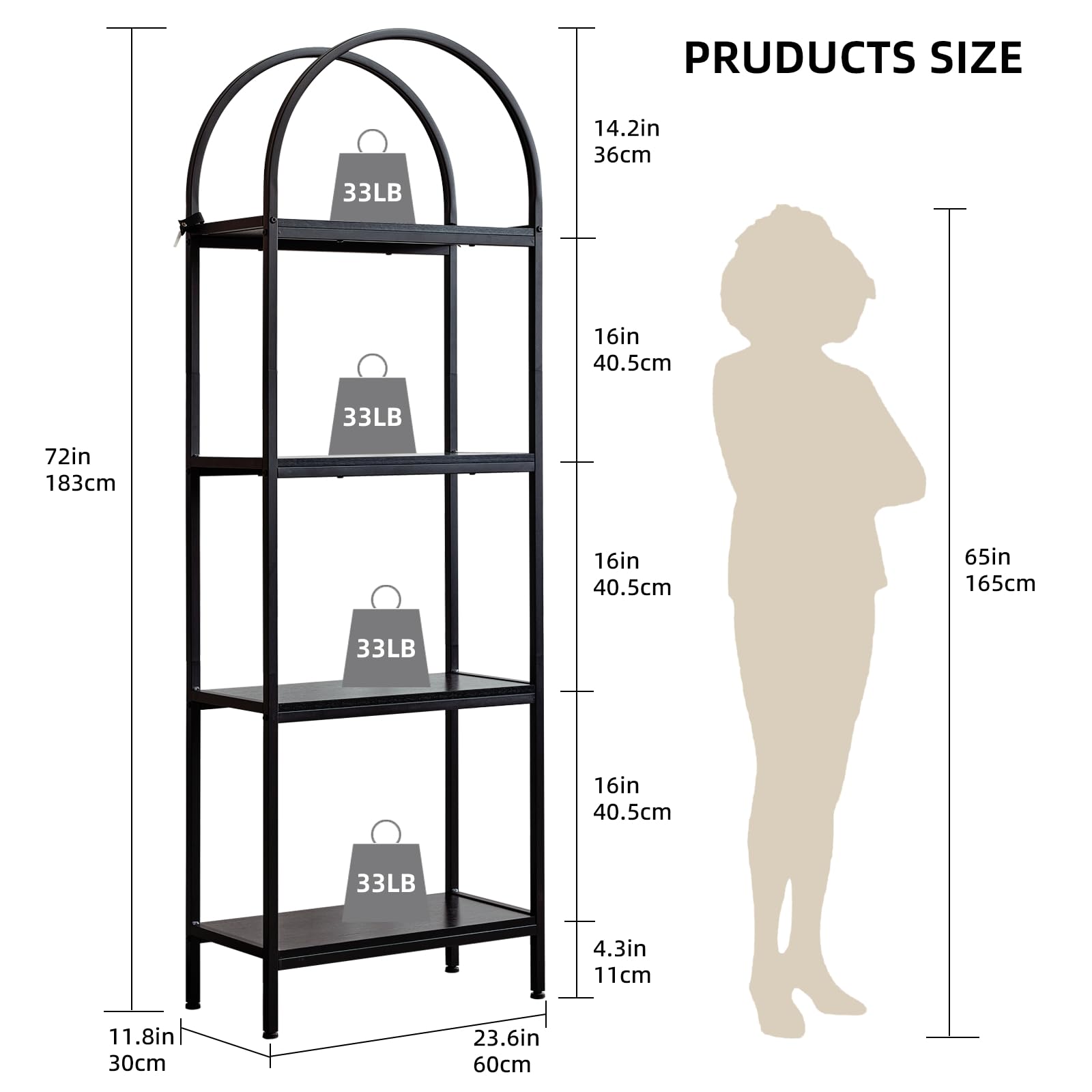 Libreria ad arco Garvee a 4 ripiani, struttura in metallo, moderna e robusta, per soggiorno, ufficio, nero