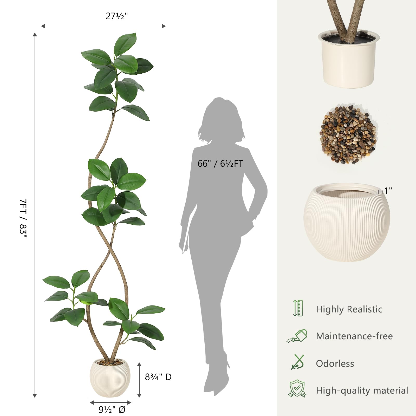 Albero di gomma artificiale Garvee da 7 piedi con vaso in resina bianca, resistente ai raggi UV, durevole, realistico, decorazione per interni, grande pianta da pavimento