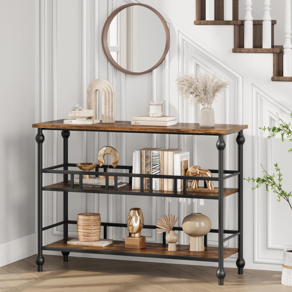 Tavolo consolle Garvee a 3 ripiani stretto da 43" dietro il divano in stile industriale in MDF e metallo robusto con spazio di archiviazione per soggiorno e corridoio