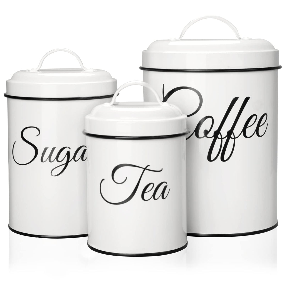 Contenitori per la conservazione Garvee con coperchio, set da 3, contenitori in metallo per caffè, tè e zucchero, bianchi, 1,5 l, ermetici, impilabili