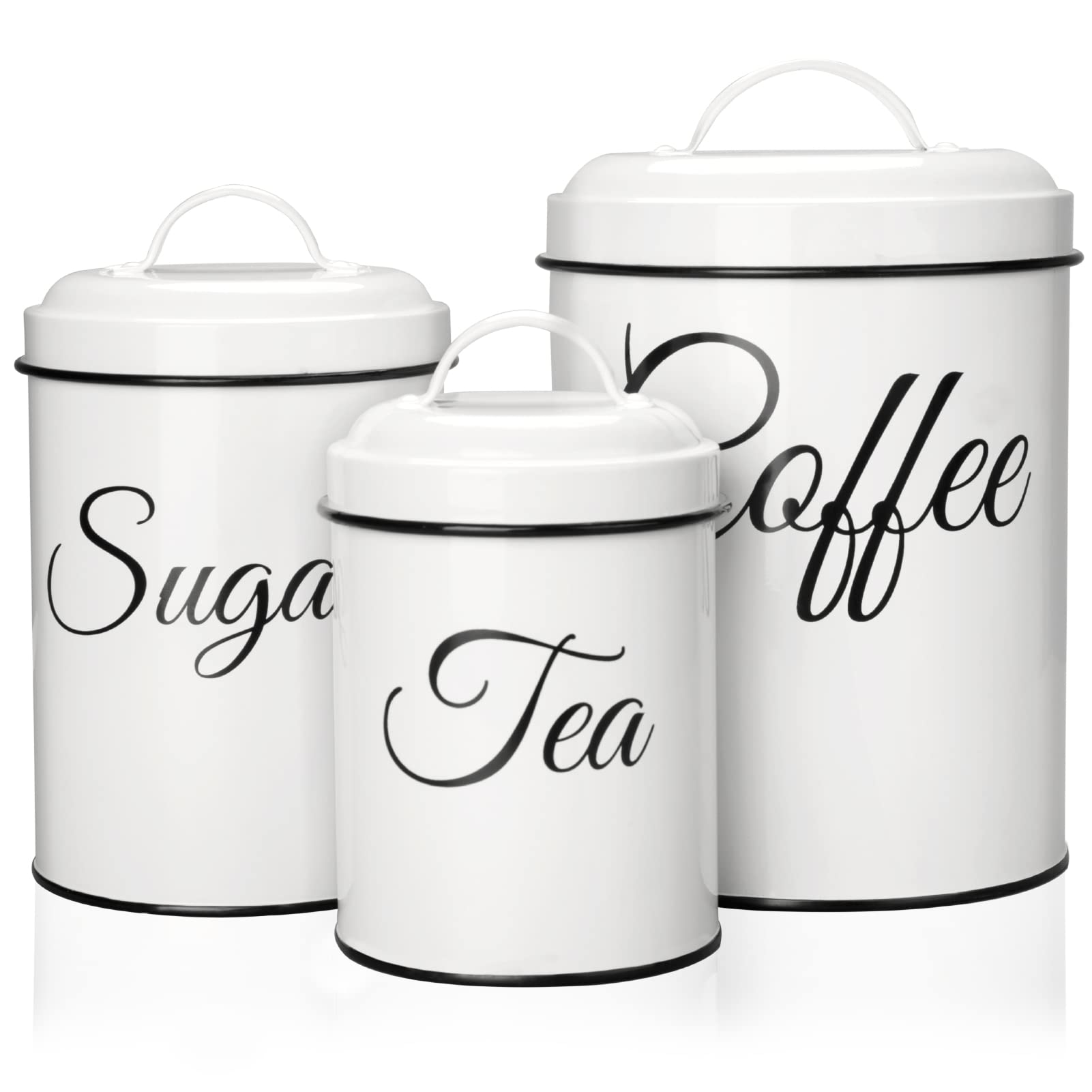 Contenitori per la conservazione Garvee con coperchio, set da 3, contenitori in metallo per caffè, tè e zucchero, bianchi, 1,5 l, ermetici, impilabili