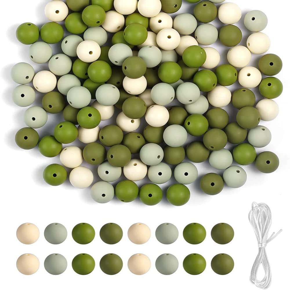 Garvee 120 pezzi di perline in silicone da 15 mm, rotonde assortite per la creazione di braccialetti, gioielli, portachiavi, artigianato fai da te, verde