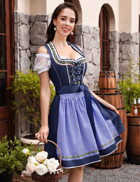 Abito tradizionale Dirndl midi da donna Garvee, 3 pezzi, con camicetta in pizzo bianco e grembiule, blu navy, taglia 34