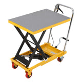 Tavolo elevatore idraulico Garvee da 226.8 kg, sollevatore a forbice singola, acciaio, altezza di sollevamento 72.4 cm, tappetino antiscivolo da 3 mm, 4 ruote, trasporto materiali - Giallo