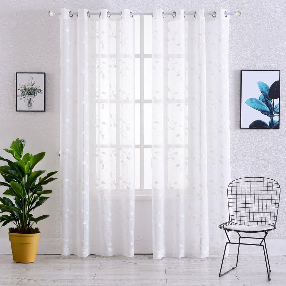 Tende trasparenti Garvee, set da 2 pannelli, bianche con ricamo a foglie, in lino sintetico, lunghe 63" con occhielli, in voile per soggiorno e camera da letto