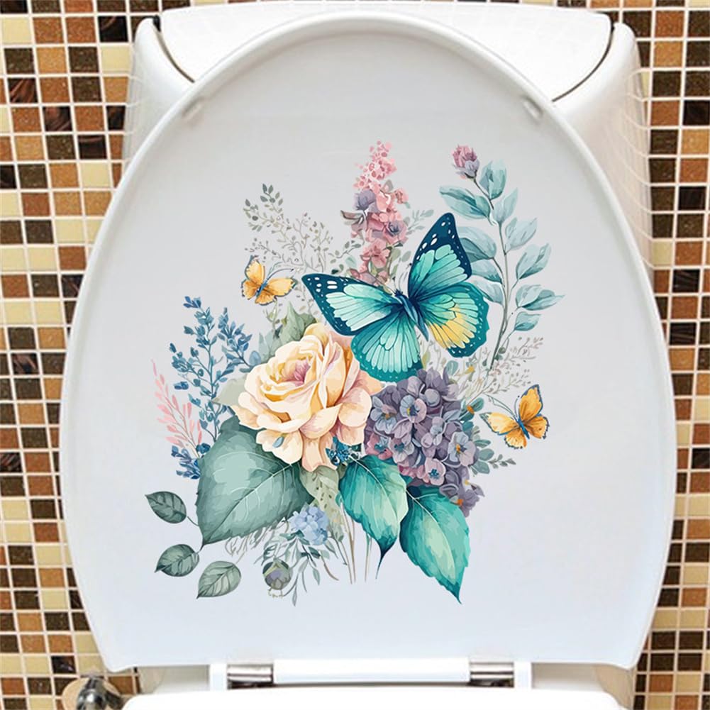 Adesivi per sedili WC Garvee con fiori e farfalle, autoadesivi, in PVC impermeabile, per la decorazione del bagno