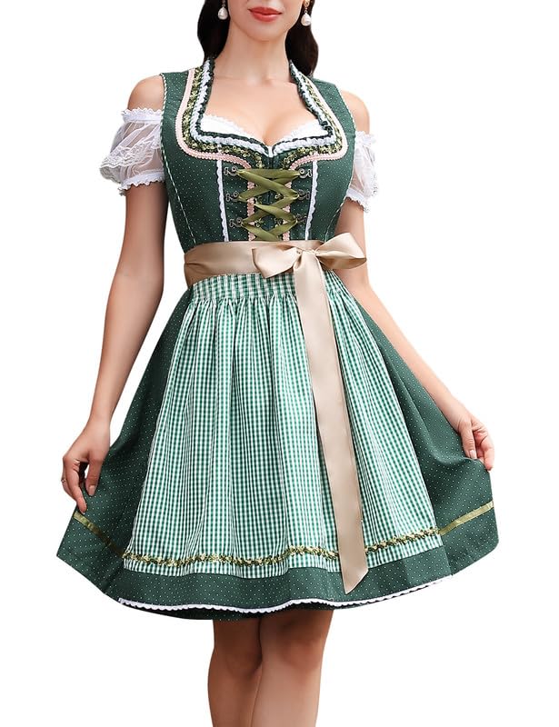 Abito tradizionale Dirndl midi da donna Garvee, 3 pezzi, con camicetta in pizzo bianco e grembiule, blu navy, taglia 34