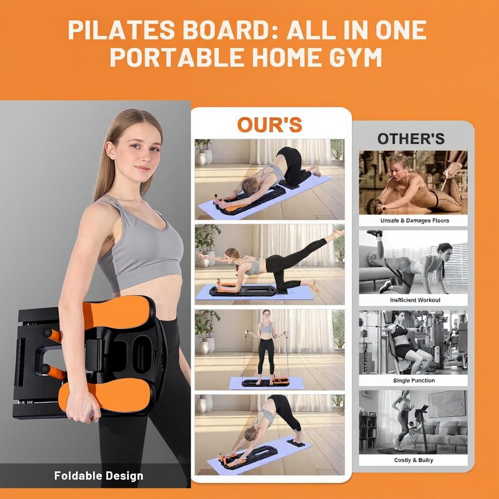 Garvee Pilates Reformer Machine con corda di resistenza per casa e palestra, 102x36x2 cm, pieghevole, nero