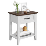 Comodino Garvee con cassetto, 2 livelli di contenimento, legno, bianco, per camera da letto e soggiorno, robusto e versatile - Bianco