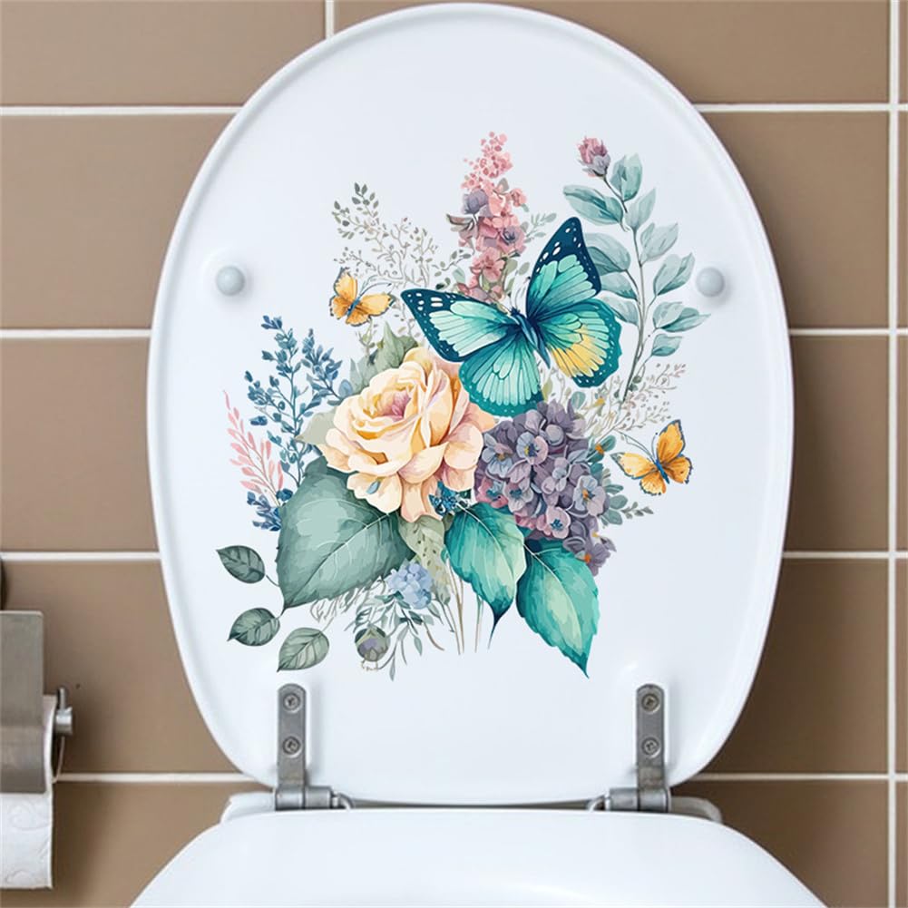 Adesivi per sedili WC Garvee con fiori e farfalle, autoadesivi, in PVC impermeabile, per la decorazione del bagno