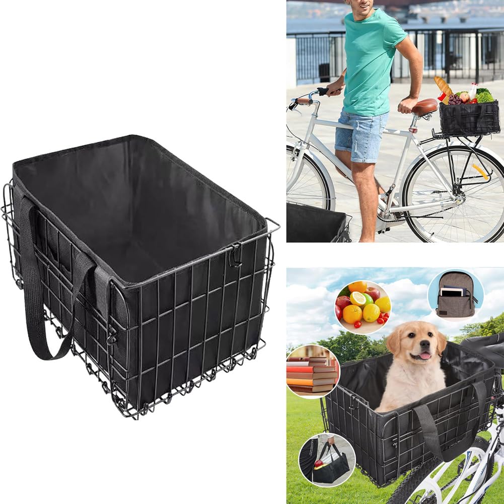 Cestino posteriore per bicicletta Garvee con borsa staccabile, pieghevole, in metallo, con foglio riflettente per la spesa all'aperto, nero