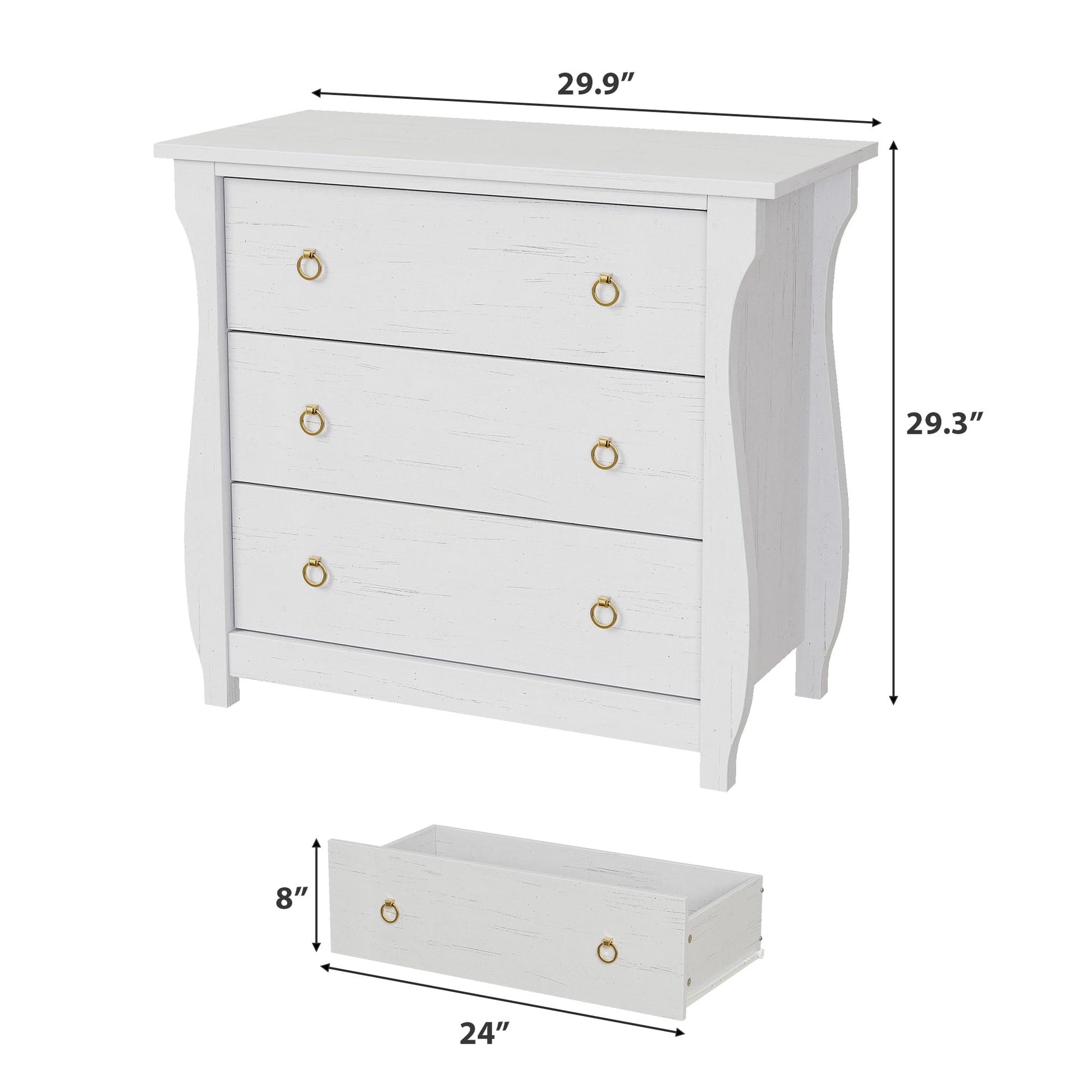 Cassettiera Garvee a 3 cassetti, moderna, camera da letto, legno bianco, maniglie in metallo, robusta, versatile, soggiorno, corridoio