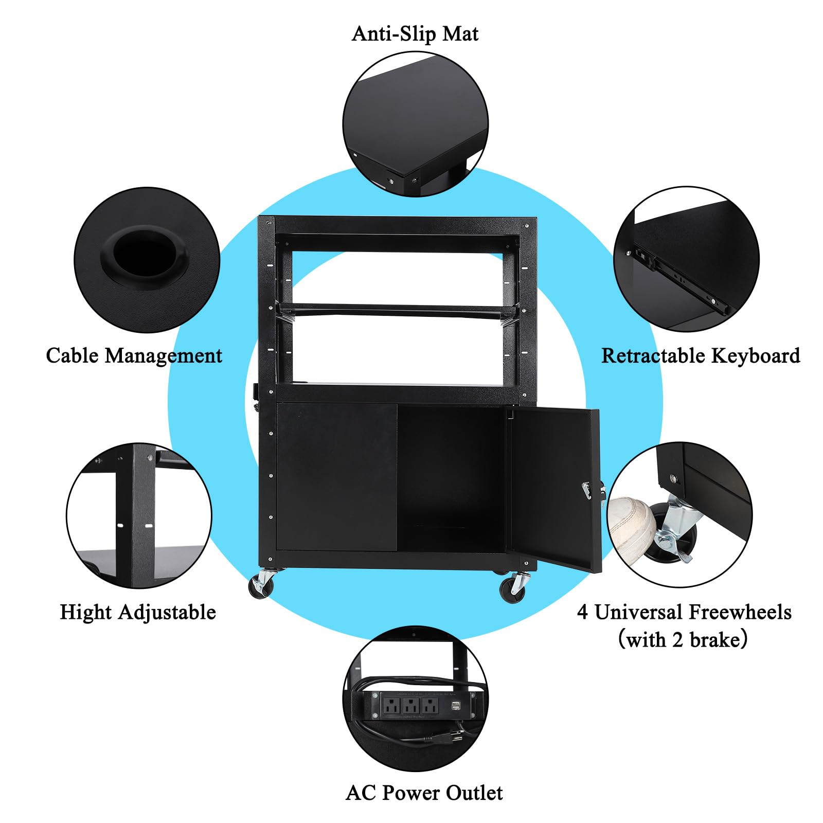 Carrello AV mobile Garvee con serratura, supporto tramite laptop regolabile in altezza, acciaio, ruota con frequenza, ufficio e presentazioni, nero, 24-42 pollici