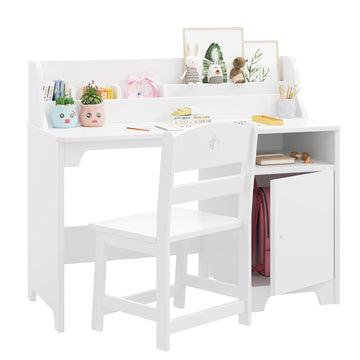 Scrivania per bambini Garvee White con sedia, in legno, contenitore ed ergonomica per camerette, 3-8 anni, bianca
