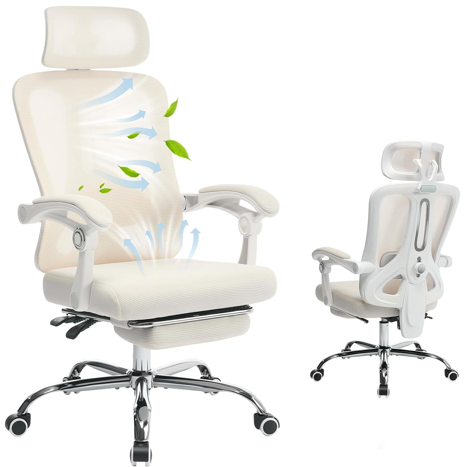 Sedia da ufficio ergonomica Garvee con poggiatesta regolabile, supporto lombare, poggiapiedi estensibile per ufficio domestico, beige, altezza regolabile, rete traspirante