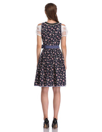 Abito tradizionale Dirndl da donna Garvee, abito midi in 3 pezzi, camicetta e grembiule, motivo floreale blu navy, Oktoberfest