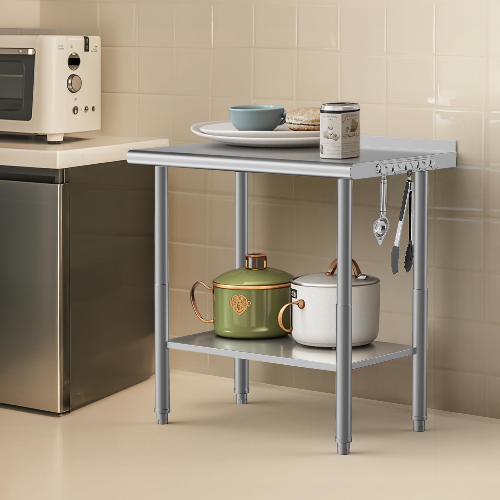 Tavolo da lavoro in acciaio inossidabile Garvee 36 x 24 x 35 pollici - Banco da lavoro professionale resistente con ganci e regolazione dell'altezza per cucina, officina o spazio commerciale