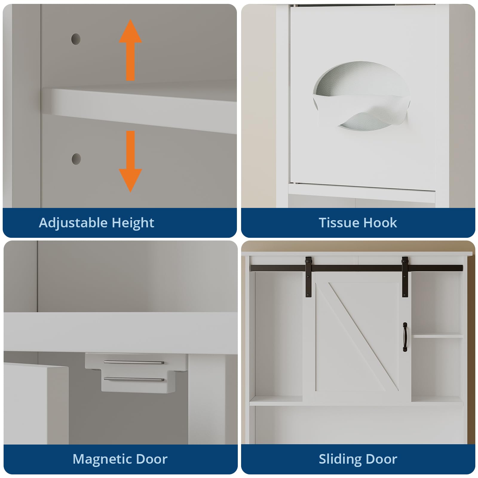 Mobiletto portaoggetti sopra il WC Garvee con anta scorrevole, ripiano regolabile, porta carta igienica, bianco, legno, salvaspazio per bagno e lavanderia