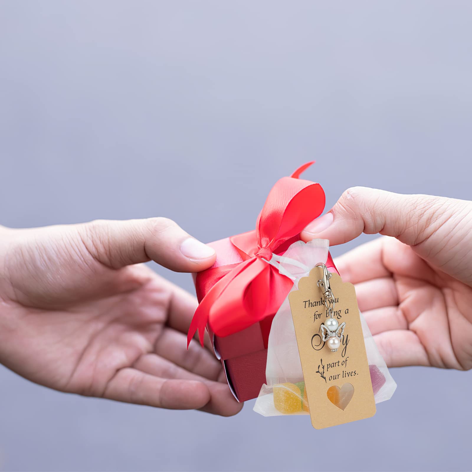 Portachiavi a forma di angelo Garvee da 20 pezzi con sacchetti in organza e biglietti di ringraziamento per battesimi, baby shower, matrimoni, regali per feste, argento