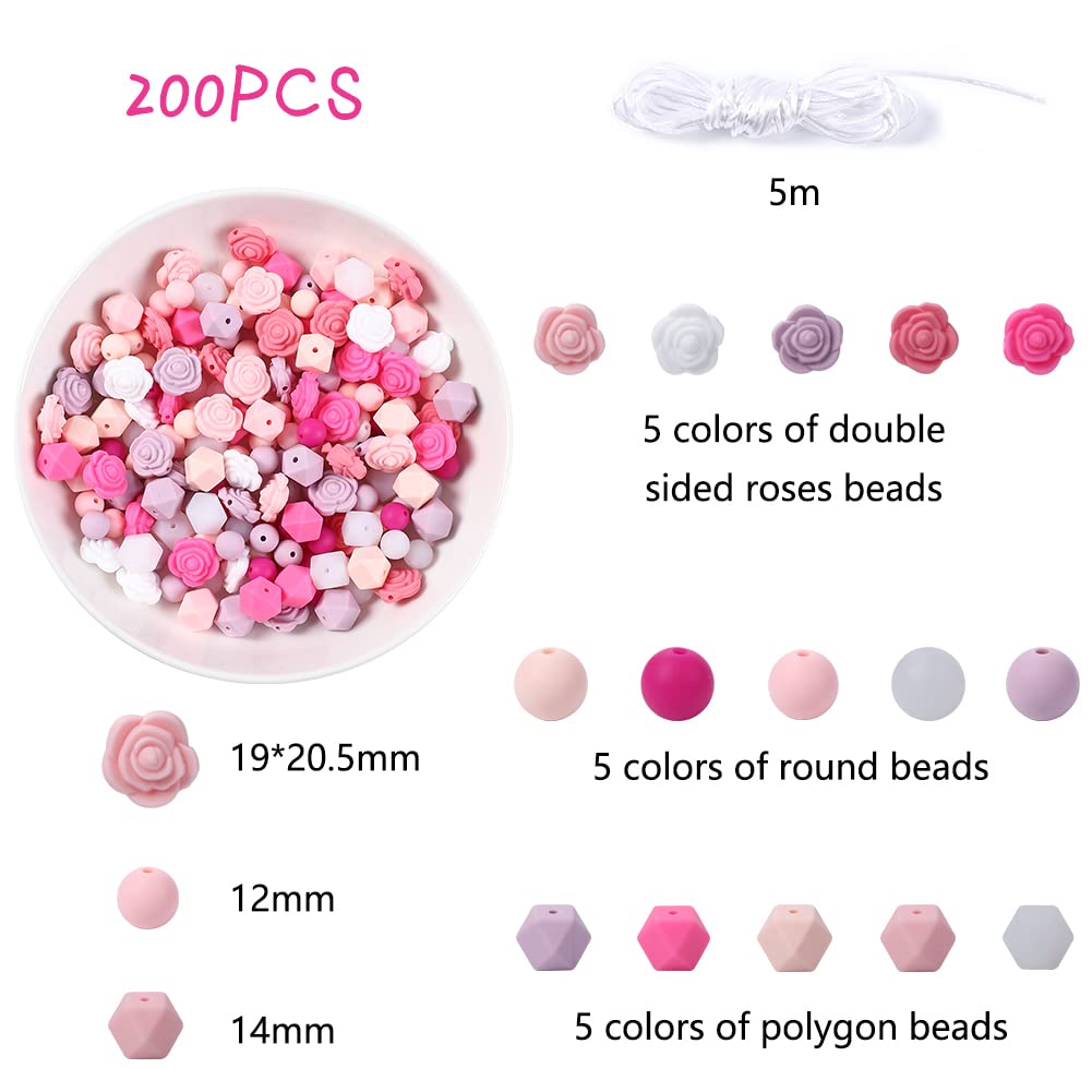 Garvee Set di perline in silicone fai da te, 200 pezzi, kit portachiavi, rosa, corda da 5 m, perline rotonde e poligonali, forniture per gioielli, kit artigianale, idea regalo