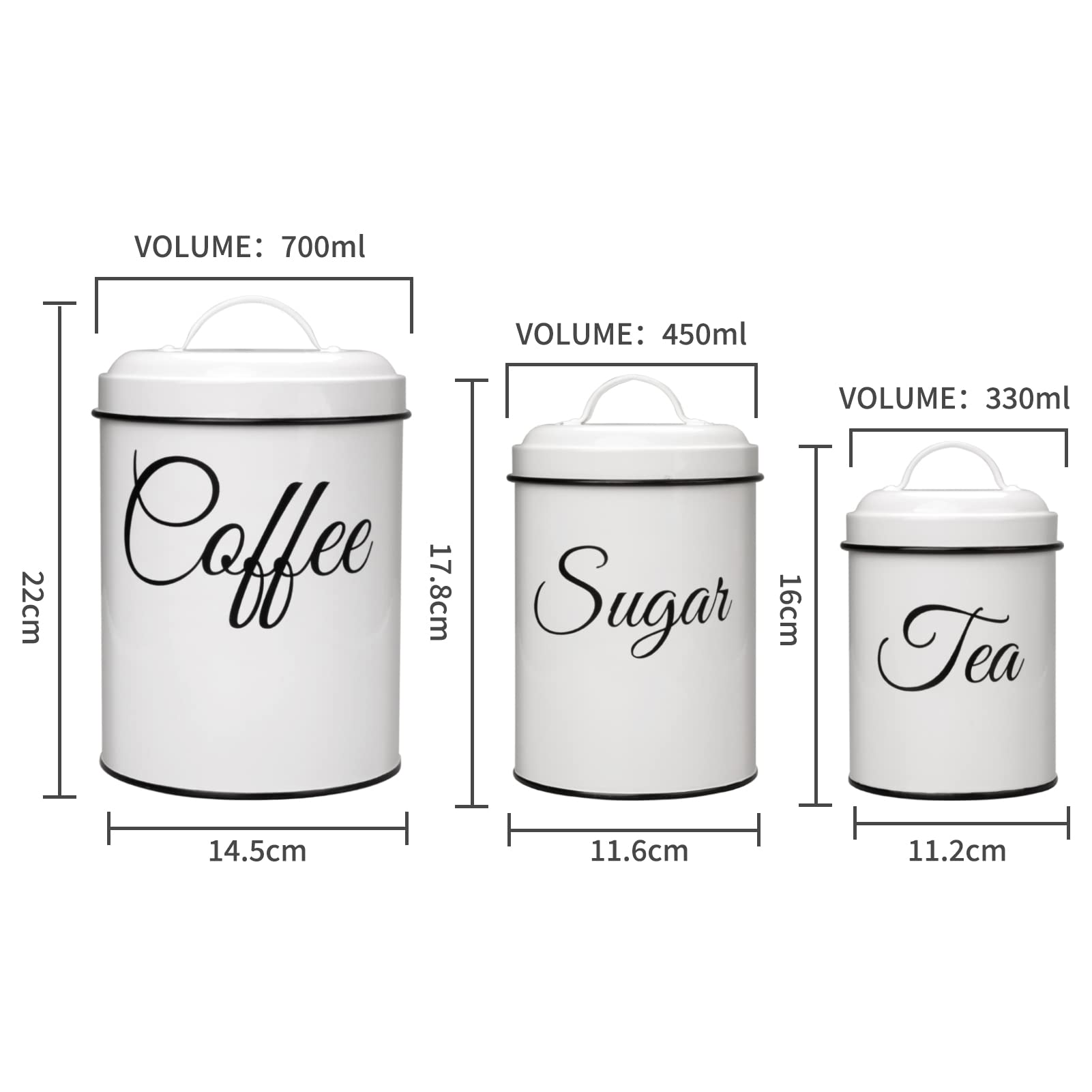 Contenitori per la conservazione Garvee con coperchio, set da 3, contenitori in metallo per caffè, tè e zucchero, bianchi, 1,5 l, ermetici, impilabili