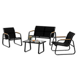Garvee Set Mobili Giardino 4 Pezzi Textilene con Tavolo in Vetro e Sedie in Acciaio, Braccioli Effetto Legno, Per Balcone e Esterni, Nero