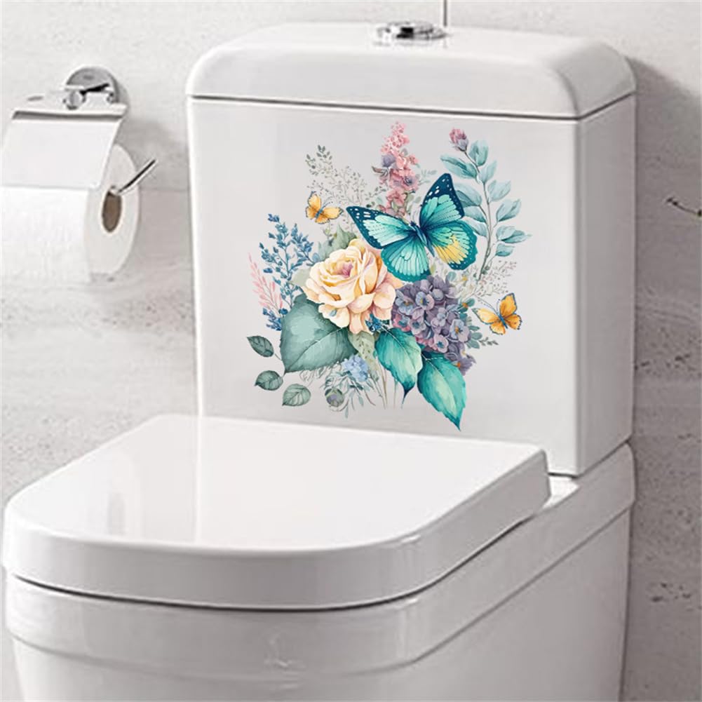 Adesivi per sedili WC Garvee con fiori e farfalle, autoadesivi, in PVC impermeabile, per la decorazione del bagno