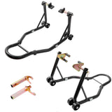 Cavalletto per moto Garvee da 850 libbre con teste forcella regolabili per manutenzione moto sportive e da cross, acciaio, 4 ruote, nero - Staffe anteriori e posteriori | Nero | 2 pezzi