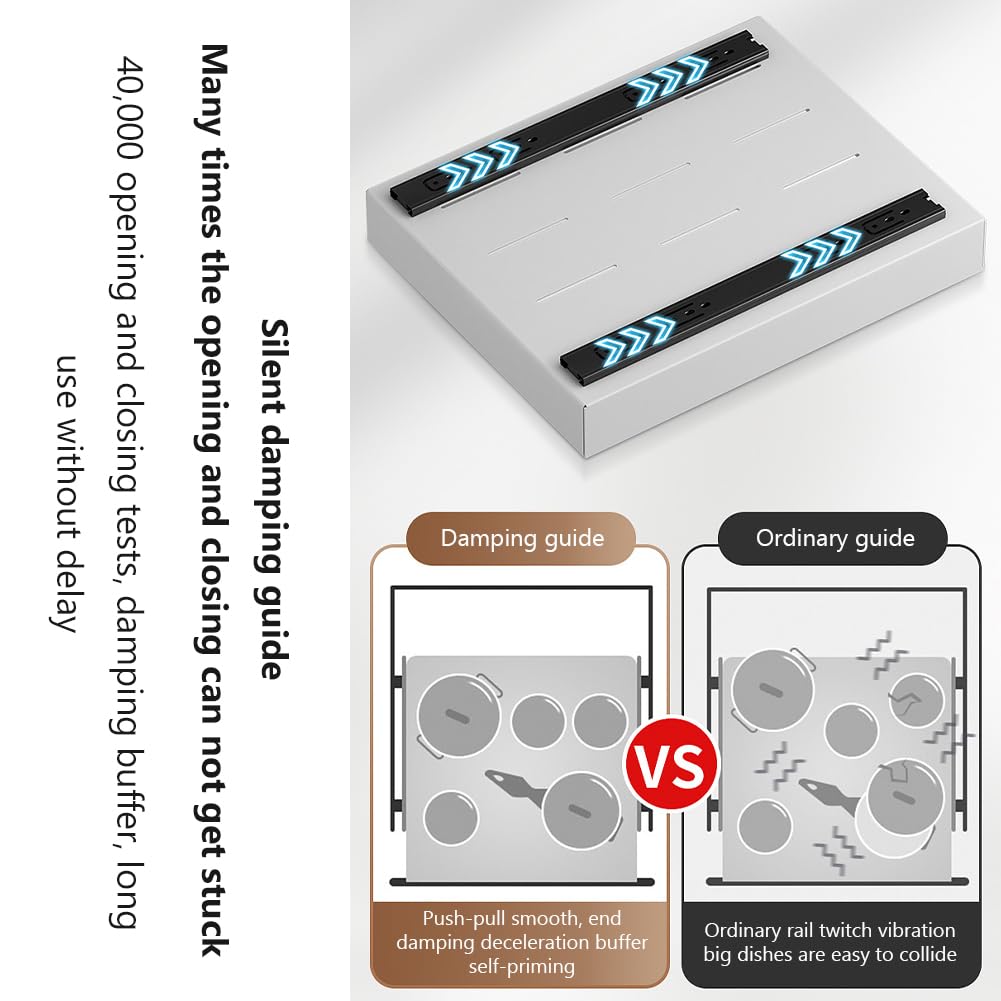 Ripiano estraibile per cassetto Garvee, in metallo con meccanismo di chiusura ammortizzata e silenzioso per cucina e ufficio, capacità di carico 20 kg, acciaio al carbonio, pellicola adesiva